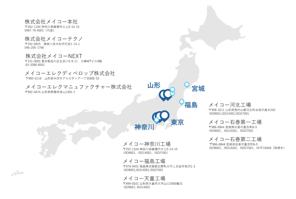 株式会社メイコー本社
〒252-1104 神奈川県綾瀬市大上5-14-15
0467-76-6001（代表）

株式会社メイコーテクノ
〒242-0025 神奈川県大和市代官1-14-1
046-205-1766

株式会社メイコーNEXT
〒141-0001 東京都品川区北品川5-9-11 大崎MTビル9階
03-3280-8501

メイコーエレクディベロップ株式会社
〒992-0119 山形県米沢市アルカディア一丁目808-33

メイコーエレクマニュファクチャー株式会社
〒992-0474 山形県南陽市漆山1305-1

メイコー神奈川工場 、IATF16949（取得中）
〒252-1104 神奈川県綾瀬市大上5-14-15
ISO9001、ISO14001、ISO27001

メイコー福島工場
〒979-0401 福島県双葉郡広野町大字上北迫字岩沢1-2
ISO9001,ISO14001,ISO27001

メイコー天童工場
〒994-0101 山形県天童市大字山口1000番21
ISO9001, ISO14001

メイコー河北工場
〒999-3511 山形県西村山郡河北町谷地字真木250
ISO9001,ISO14001,ISO27001

メイコー石巻第一工場
〒986-0844 宮城県石巻市重吉町8-5
ISO9001、ISO14001、ISO27001

メイコー石巻第二工場
〒986-0844 宮城県石巻市重吉町8-5
ISO9001、ISO14001、ISO27001、IATF16949（取得中）